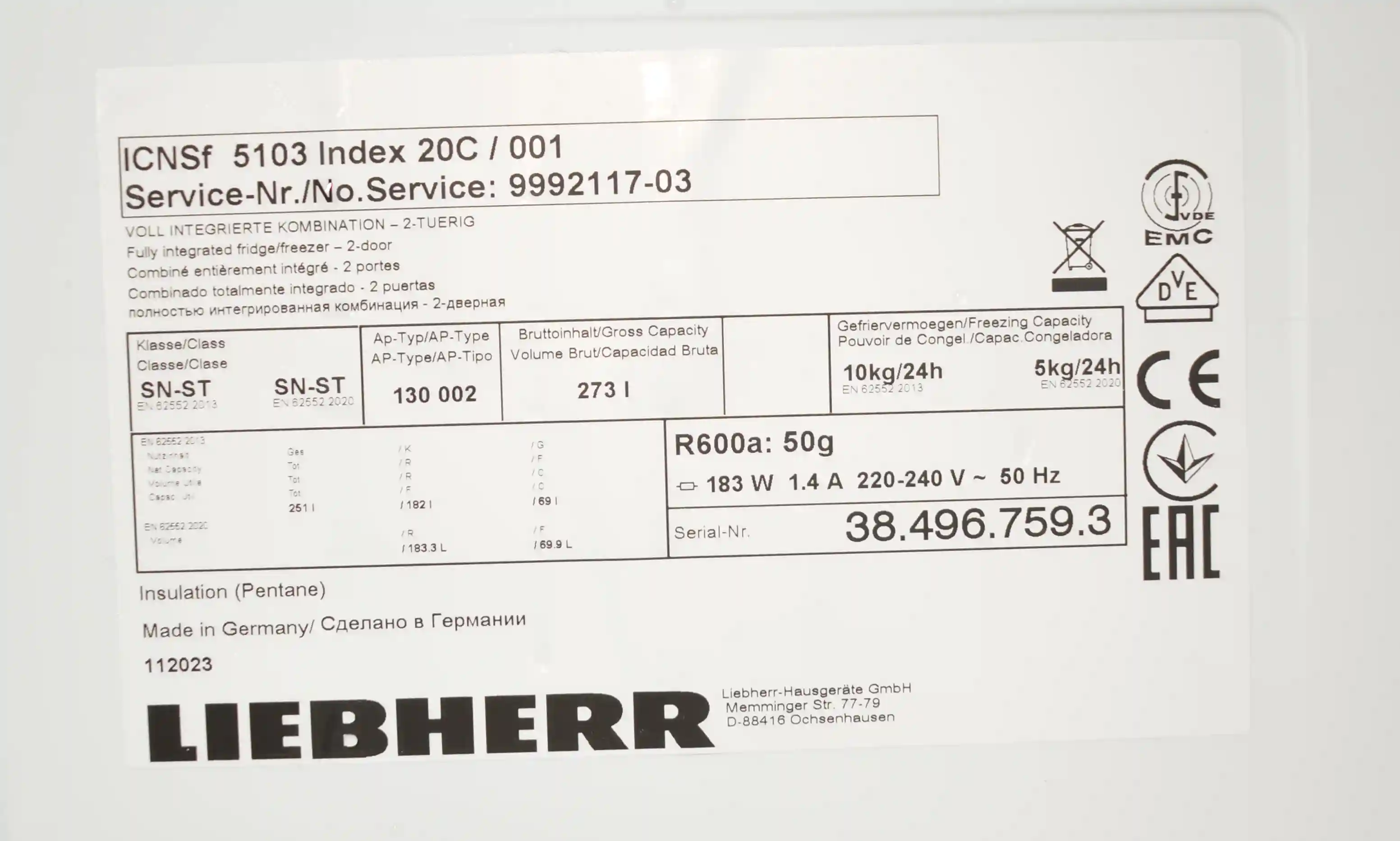 Встраиваемый холодильник LIEBHERR ICNSf 5103-20 001 k6 000010982