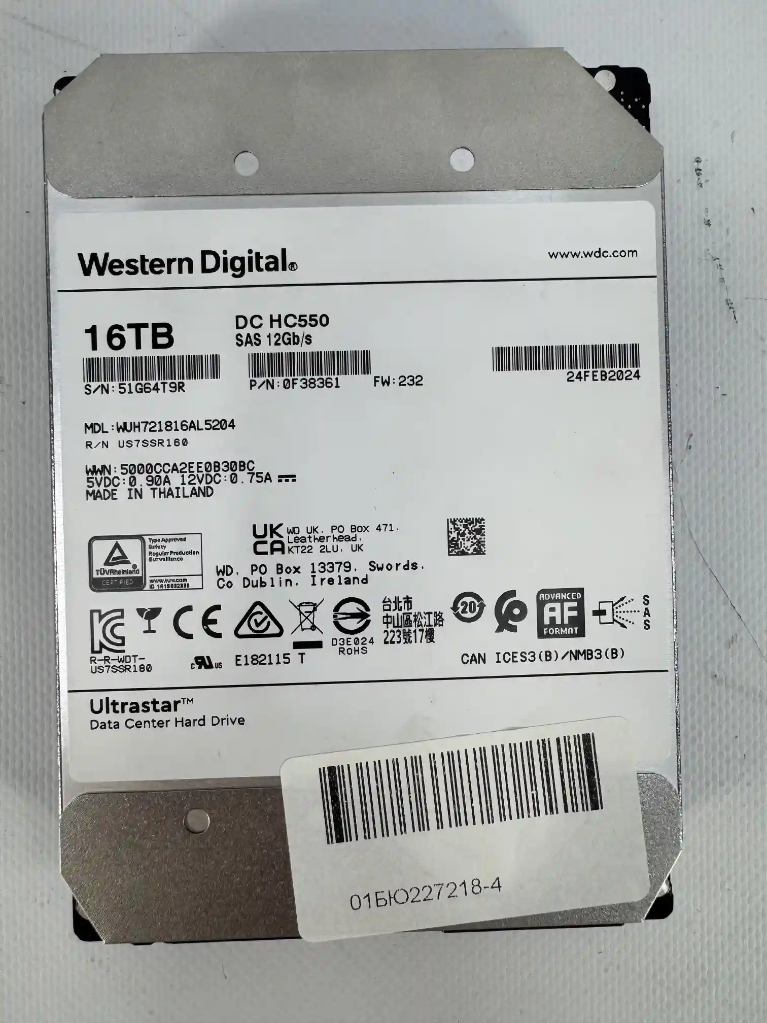 Внутренний HDD диск WD Ultrastar DC HC550 16TB, SAS, 3.5" (WUH721816AL5204) k5 000006515