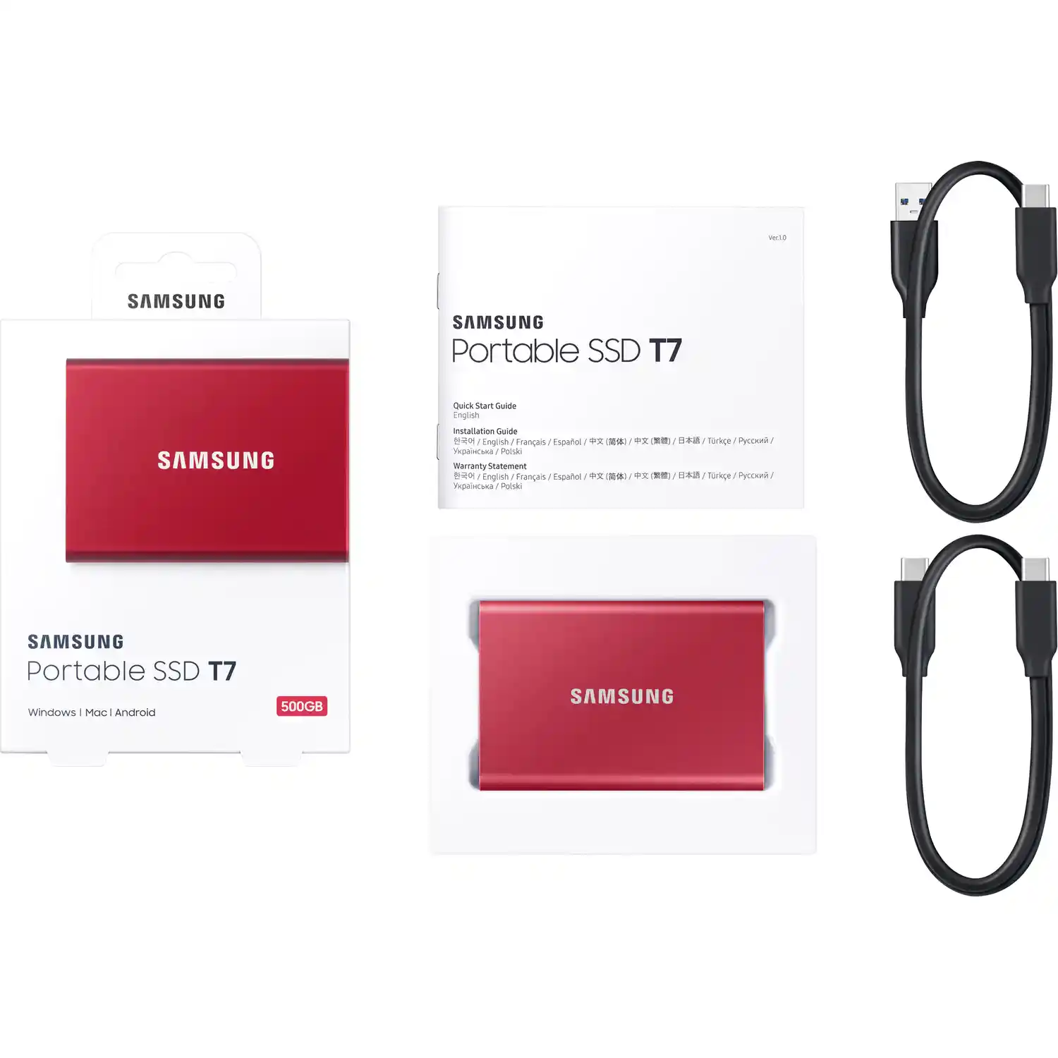 Внешний SSD диск SAMSUNG T7 500GB, USB 3.2, Metallic Red (MU-PC500R/WW)